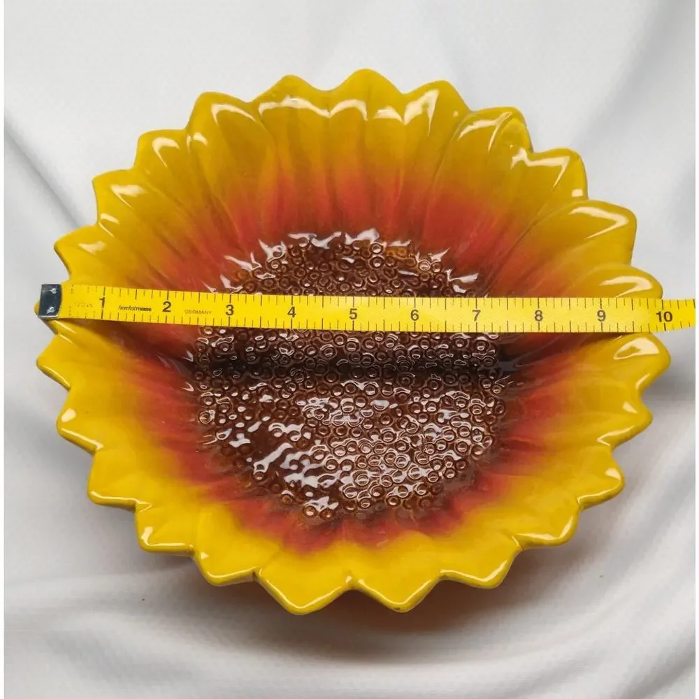 Vintage Ceramic Sunflower Bowl Textured Majolica Style 1970s Yellow Orange Japan